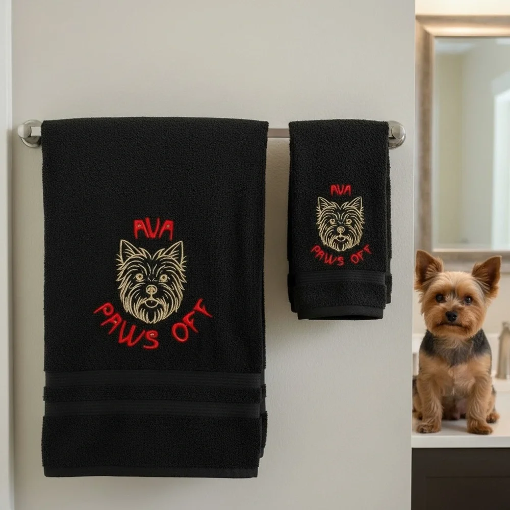 Personalized Embroidered Dog Hand and bath Towel set with your dog's name paws